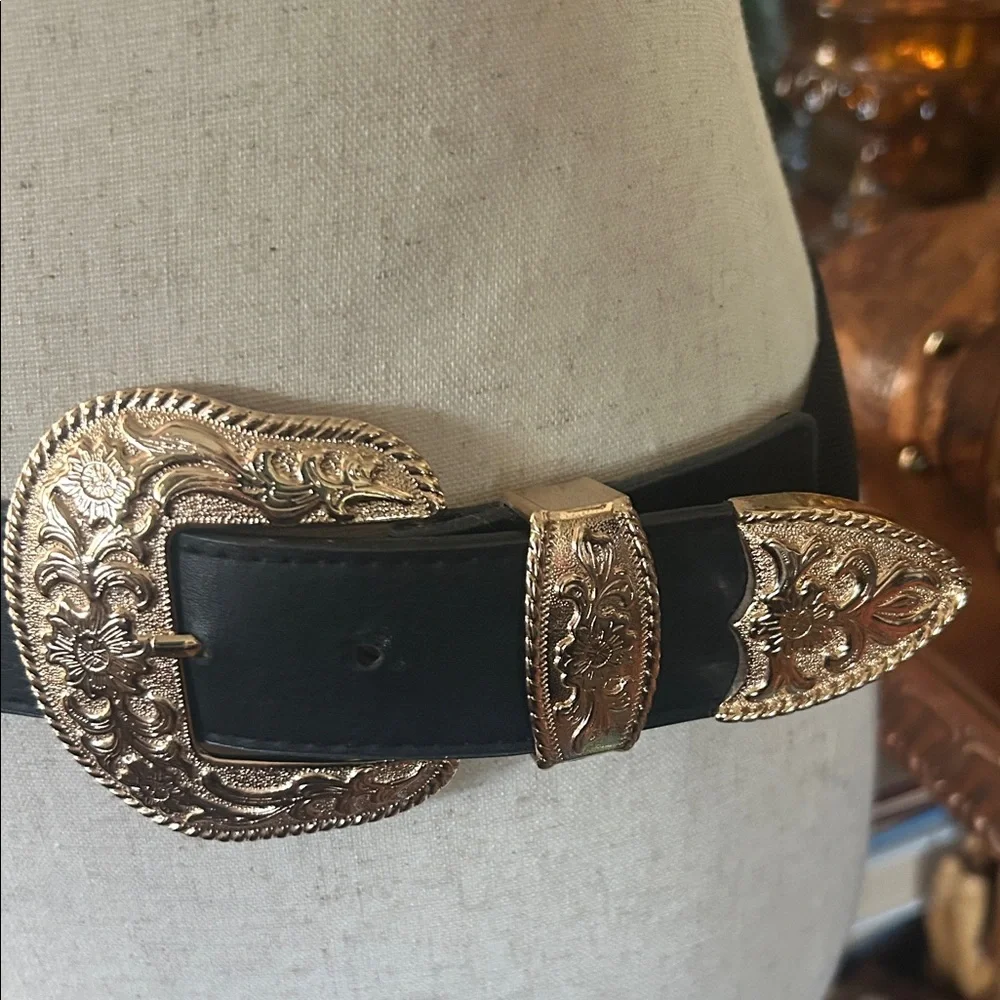 Western Double Gold Buckle Black Stretch Belt